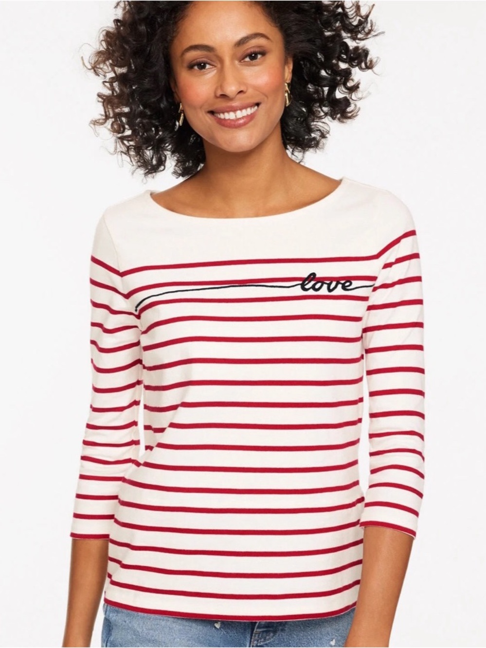 NWT Talbots Ivory/Red Pop "Love Stripe" Bateau Neck 100% Cotton Pullover Tee